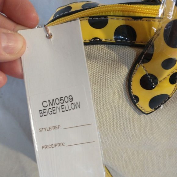 NWT David Jones Faux Leather And Canvas Beige Yellow Polka Dot Shoulder Bag - Picture 6 of 9
